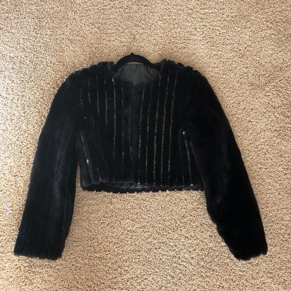 Vintage Faux Fur Cropped Black Jacket with Sequins - Picture 1 of 7